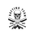 Rafting team. Emblem template with skull, crossed paddles and mountain. Design element for poster, card, banner, flyer