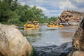 Rafting team , summer extreme water sport. Group of people in a rafting boat, beautiful