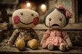 Rag dolls presenting different emotions, one smiling and one crying, sitting in a dusty setting Royalty Free Stock Photo