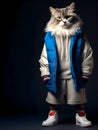 Ragdoll cat kitty kitten full body in hip hop stylish fashion isolated on dark background Royalty Free Stock Photo