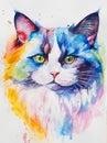 Ragdoll Cat painted in watercolor on a white background in a realistic manner, colorful, rainbow. Ideal for teaching