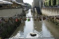 Padlocks hanging on a bridge