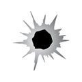 Ragged hole in metal or paper from bullet. Damage or crack on surface in monochrome color. Vector illustration isolated Royalty Free Stock Photo