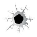 Ragged hole in metal or paper from bullet. Damage or crack on surface in monochrome color. Vector illustration isolated Royalty Free Stock Photo