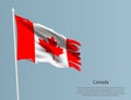 Ragged national flag of Canada. Wavy torn fabric on blue background.