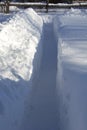 Ragging snow paths in the garden in winter. High snowdrifts in the country. Snowy vegetable garden in the winter. Vertical photo