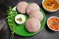 Ragi Idly, finger millet Idli Sambar, coconut chutney in Tamil Nadu India