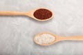 Ragi or Nachni, also known as finger millet and ragi coarse flour in wooden spoons on grey background, top view. Gluten free Royalty Free Stock Photo