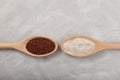 Ragi or Nachni, also known as finger millet and ragi flour in wooden spoons, close-up. Gluten free healthy food Royalty Free Stock Photo