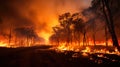 A raging forest fire engulfs trees and wildlife in its path Royalty Free Stock Photo