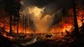 A raging forest fire engulfs trees and wildlife in its path Royalty Free Stock Photo