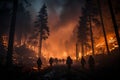 Raging forest fire, night shift, firefighters work tirelessly to contain it