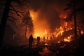 Raging forest fire, night shift, firefighters work tirelessly to contain it