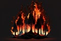 raging forest fire, with thick black smoke and orange-red flames consuming the trees, concept, AI generation