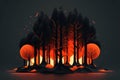 raging forest fire, with thick black smoke and orange-red flames consuming the trees, concept, AI generation