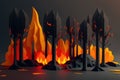 raging forest fire, with thick black smoke and orange-red flames consuming the trees, concept, AI generation