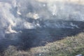 Raging forest spring fires. Burning dry grass, reed along lake. Grass is burning in meadow. Ecological catastrophy. Fire and smoke Royalty Free Stock Photo