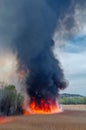 Raging forest spring fires. Burning dry grass, reed along lake. Grass is burning in meadow. Ecological catastrophy. Fire and smoke Royalty Free Stock Photo