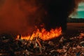 Raging forest spring fires. Burning dry grass, reed along lake. Grass is burning in meadow. Ecological catastrophy. Fire and smoke Royalty Free Stock Photo