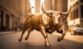 golden bull run on wall street in financial district - bull market concept