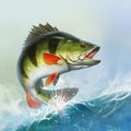 Perch fish jumps out of water realistic illustration. Royalty Free Stock Photo