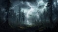 A raging thunderstorm merging with a dense forest
