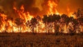 Raging wildfire in African savanna with villagers creating firebreaks Royalty Free Stock Photo