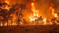 Raging wildfire in African savanna with villagers creating firebreaks Royalty Free Stock Photo