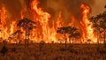 Raging wildfire in African savanna with villagers creating firebreaks Royalty Free Stock Photo