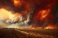 Raging wildfire in agricultural landscape, with a horizon lit by flames against smoke filled red apocalyptic sky. Generative AI