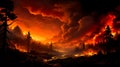 raging wildfire consuming a vast expanse of pristine forest, with flames reaching high into the sky. Generative AI Royalty Free Stock Photo