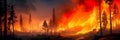 raging wildfire consuming a vast expanse of pristine forest, with flames reaching high into the sky. Generative AI Royalty Free Stock Photo