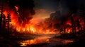raging wildfire consuming a vast expanse of pristine forest, with flames reaching high into the sky. Generative AI Royalty Free Stock Photo