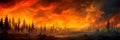 raging wildfire consuming a vast expanse of pristine forest, with flames reaching high into the sky. Generative AI Royalty Free Stock Photo