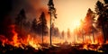 raging wildfire consuming a vast expanse of pristine forest, with flames reaching high into the sky. Generative AI Royalty Free Stock Photo