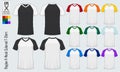 Raglan V-neck t-shirts templates. Colored sleeve jersey mockup in front view and back view for baseball, soccer, football