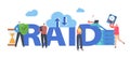 RAID Concept. Tiny Characters in Data Center around Huge Redundant Array of Independent Disks Storage, Backup Servers Royalty Free Stock Photo