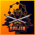 Raijin Gold Samurai grab sword esport and sport mascot logo design in modern illustration concept for team badge, emblem and