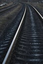 Rail branching. Railway close up. Rails for high-speed trains. Railway tracks with arrows and interchanges Royalty Free Stock Photo