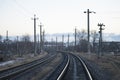 Rail branching. Railway close up. Rails for high-speed trains. Railway tracks with arrows and interchanges Royalty Free Stock Photo