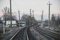 Rail branching. Railway close up. Rails for high-speed trains. Railway tracks with arrows and interchanges Royalty Free Stock Photo