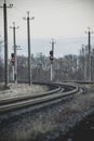 Rail branching. Railway close up. Rails for high-speed trains. Railway tracks with arrows and interchanges Royalty Free Stock Photo