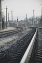 Rail branching. Railway close up. Rails for high-speed trains. Railway tracks with arrows and interchanges Royalty Free Stock Photo