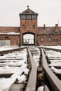 Oswiecim / Poland - 02.15.2018: Rail entrance to concentration camp at Auschwitz Birkenau. Train arrival point.