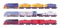 Rail Freight colorful train set, goods wagons, railway transporting cargo