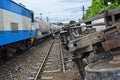 Rail freight train and damage property of acident Royalty Free Stock Photo