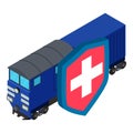 Rail insurance icon isometric vector. Railway locomotive behind symbolic shield