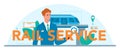 Rail service typographic header. Train conductor in uniform on duty.