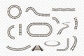 Rail track. Railway for train. Line of road for subway, tram and train. Icon of railroad for toy. Set of curve and straight