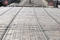 Rail tramway with cobblestones in city center of Bordeaux Royalty Free Stock Photo
